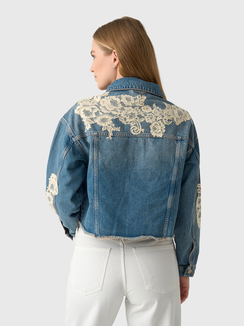 LoveShackFancy Women's Amana Lace Appliqué Denim Jacket - Saint Bernard