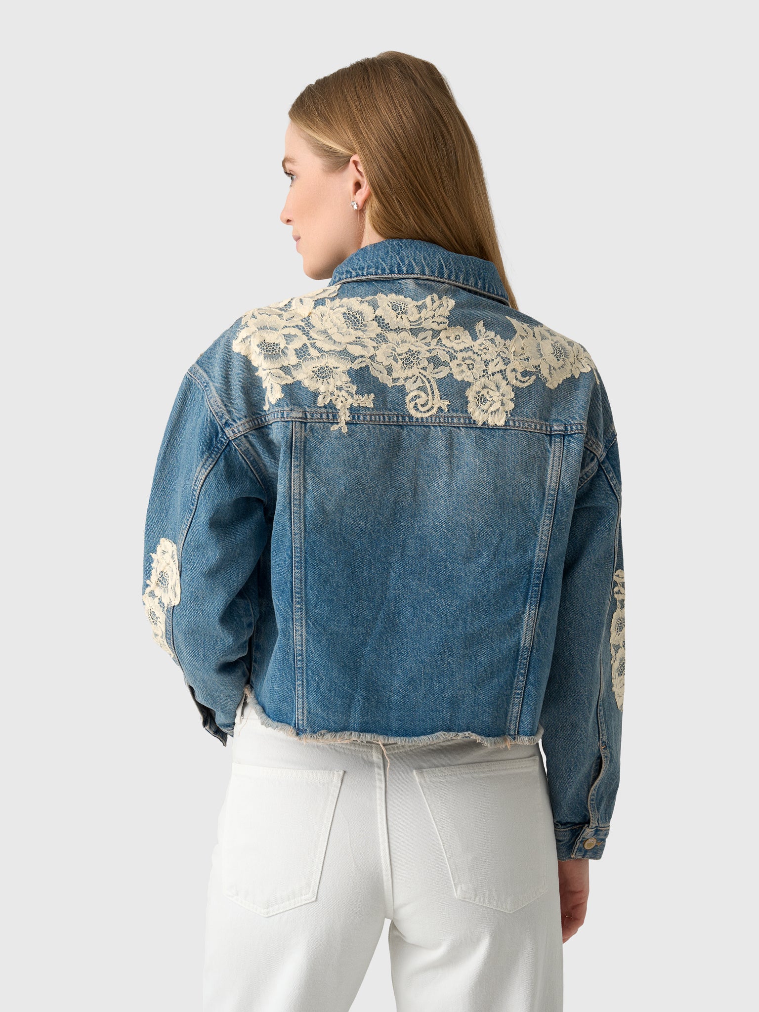 LoveShackFancy Women's Amana Lace Appliqué Denim Jacket - Saint Bernard