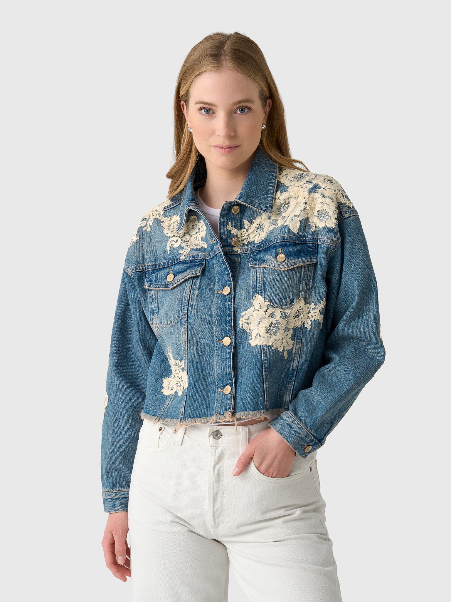 LoveShackFancy Women's Amana Lace Appliqué Denim Jacket – Saint