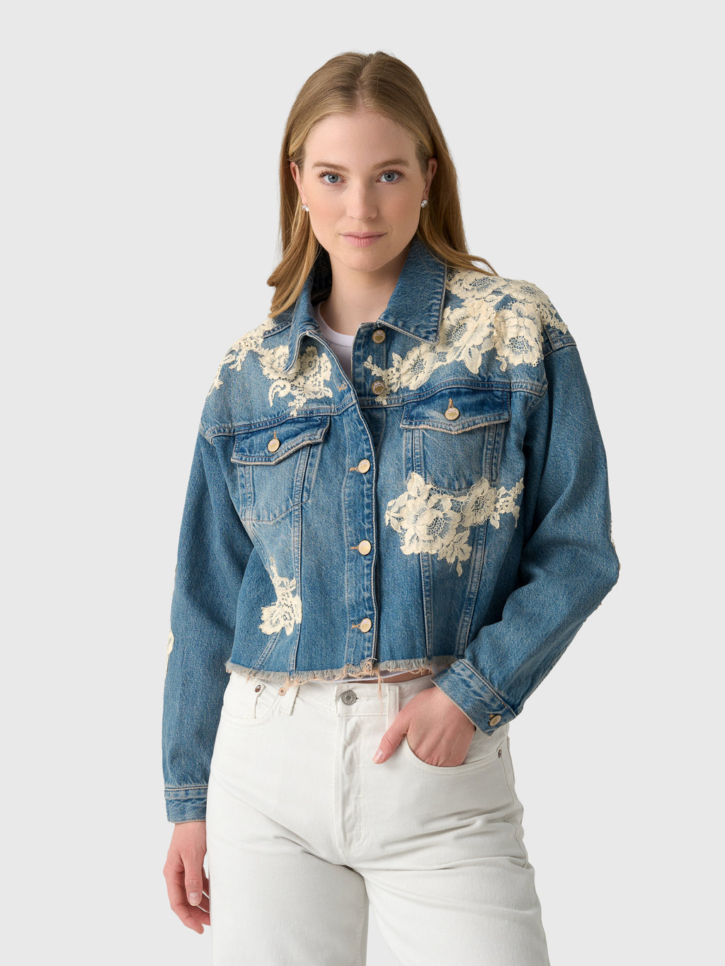 LoveShackFancy Women's Amana Lace Appliqué Denim Jacket - Saint Bernard