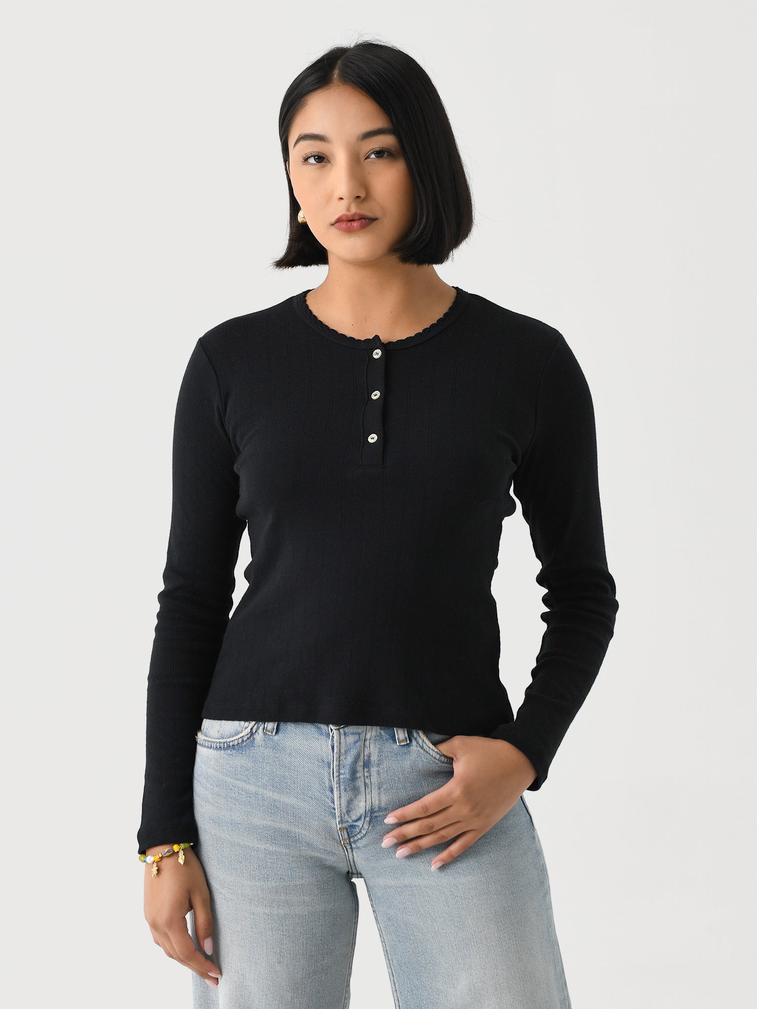 Leset Women's Pointelle Long Sleeve Henley - Saint Bernard