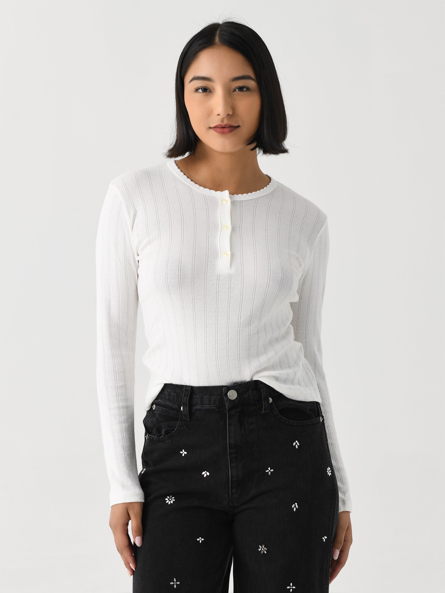 Leset Women's Pointelle Long Sleeve Henley - Saint Bernard