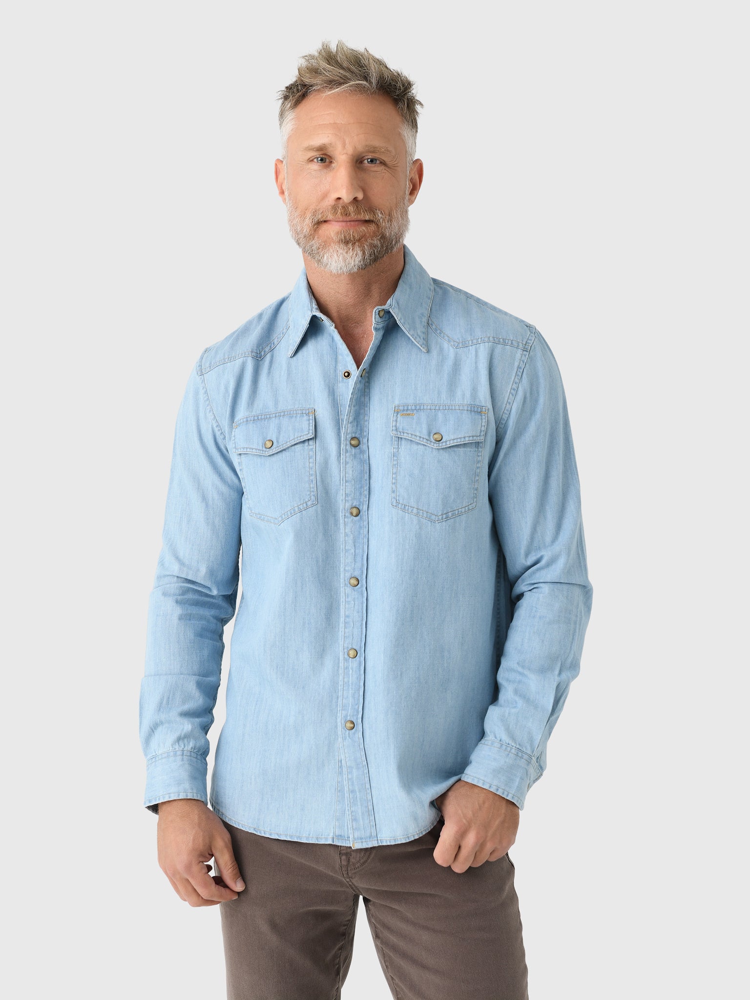 Criquet Men's Long Sleeve Western Denim Pearl Snap Shirt - Saint Bernard