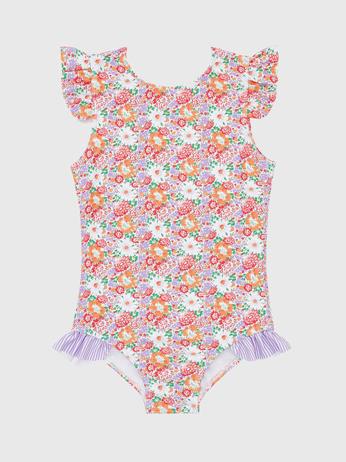 Minnow Girls' Island Blossom Ruffle Cap Sleeve Rash Guard One-Piece Swimsuit