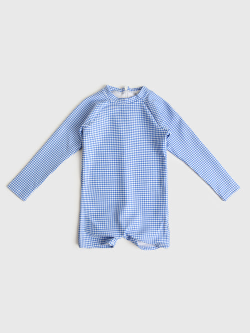 Minnow Kids' Unisex Sky Blue Gingham Rash Guard One-Piece Swimsuit
