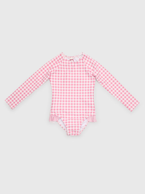 Minnow Girls' Blush Gingham Rash Guard One-Piece Swimsuit