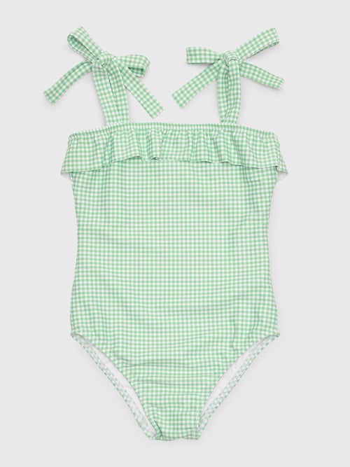 Minnow Girls' Gustavia Gingham Ruffle Tie Strap One-Piece Swimsuit