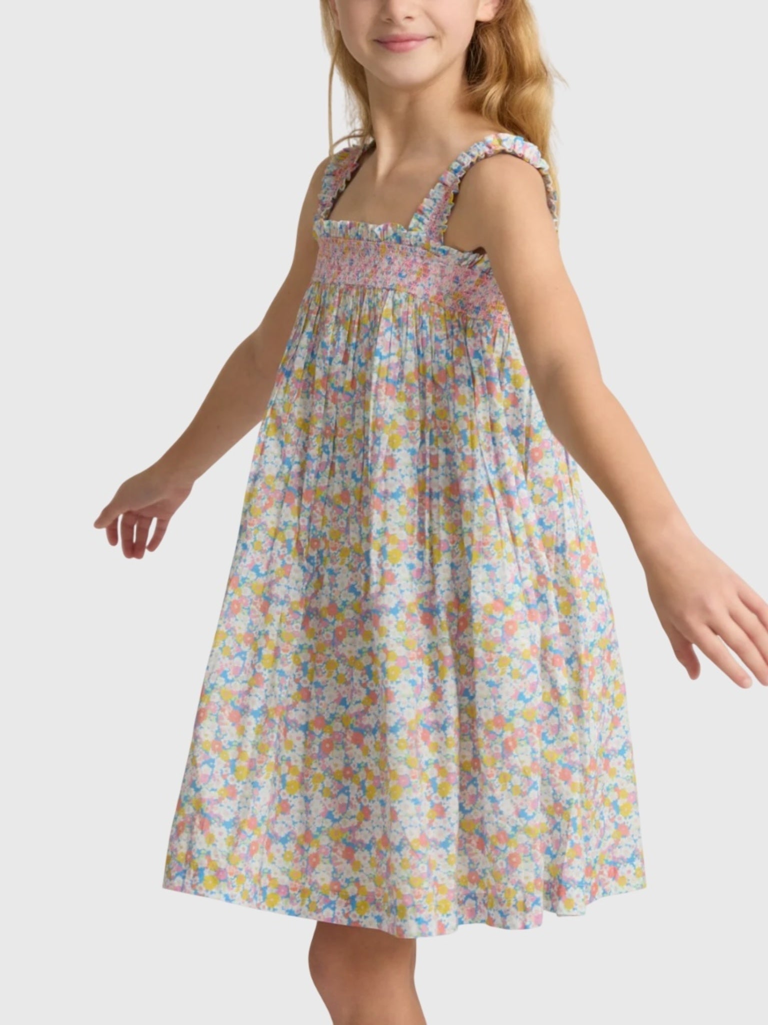 Minnow Girls' Jasmine Blossom Smocked Ruffle Strap Dress - Saint Bernard