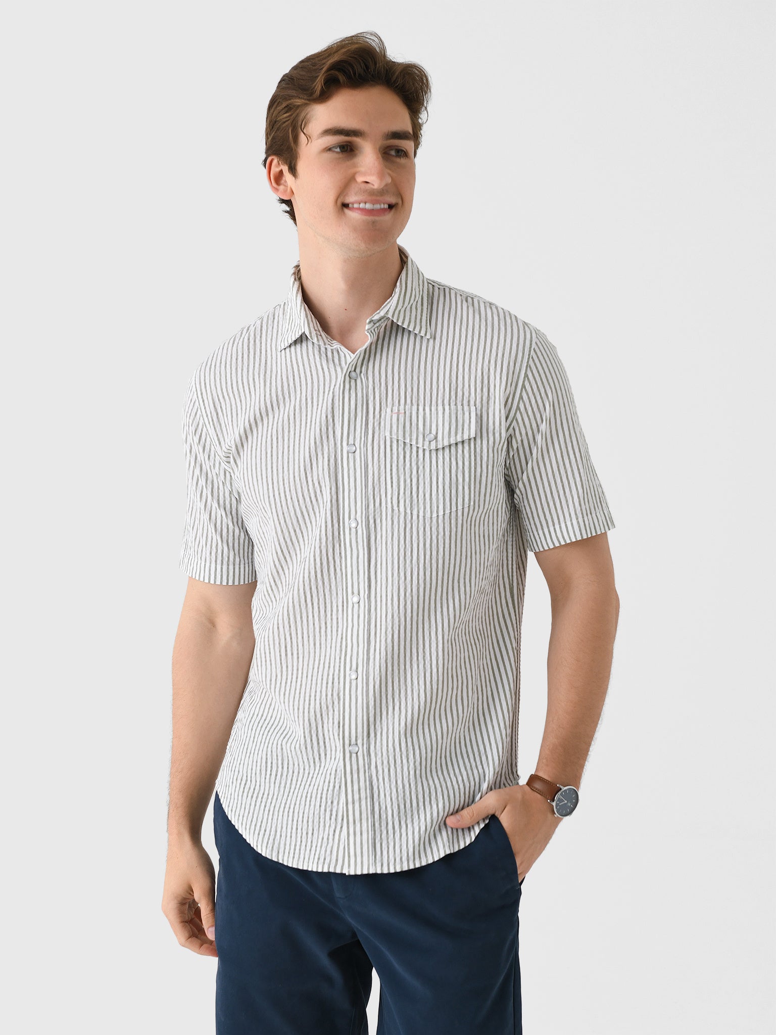 Criquet Men's Seersucker Pearl Snap Shirt - Saint Bernard