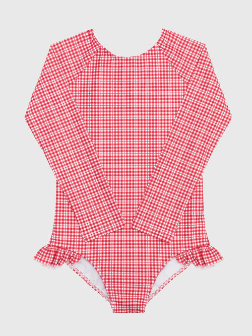 Minnow Girls' Poppy Gingham Rash Guard One-Piece Swimsuit