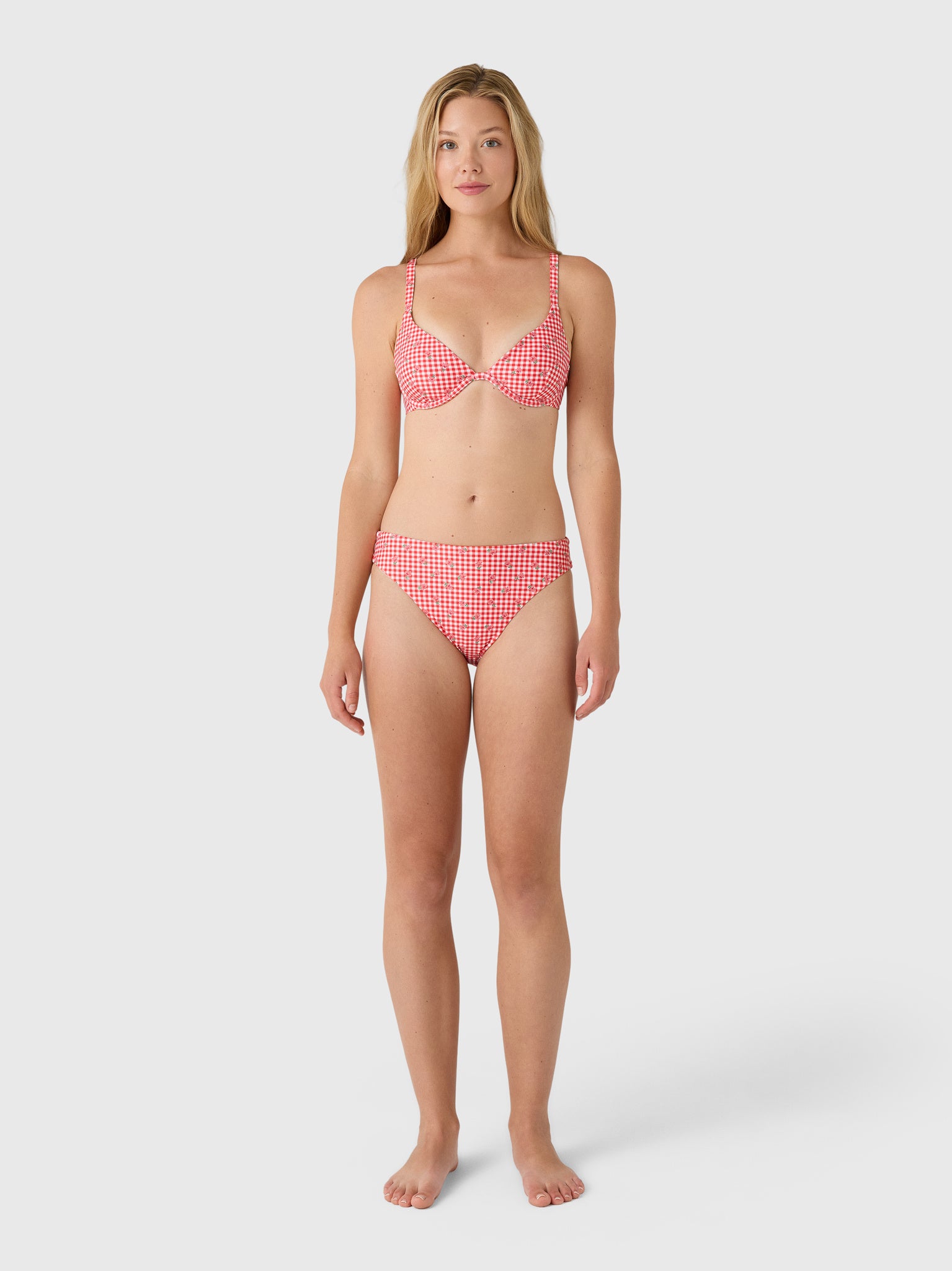 Minnow Women's Cranberry Gingham Mid Rise Bikini Bottom