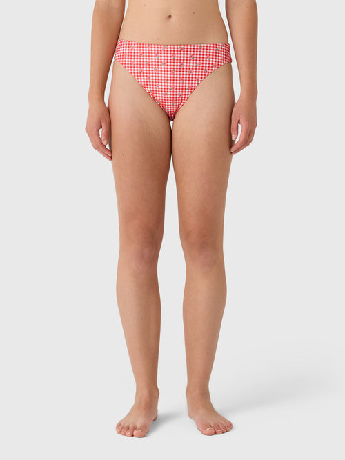 Minnow Women's Cranberry Gingham Mid Rise Bikini Bottom