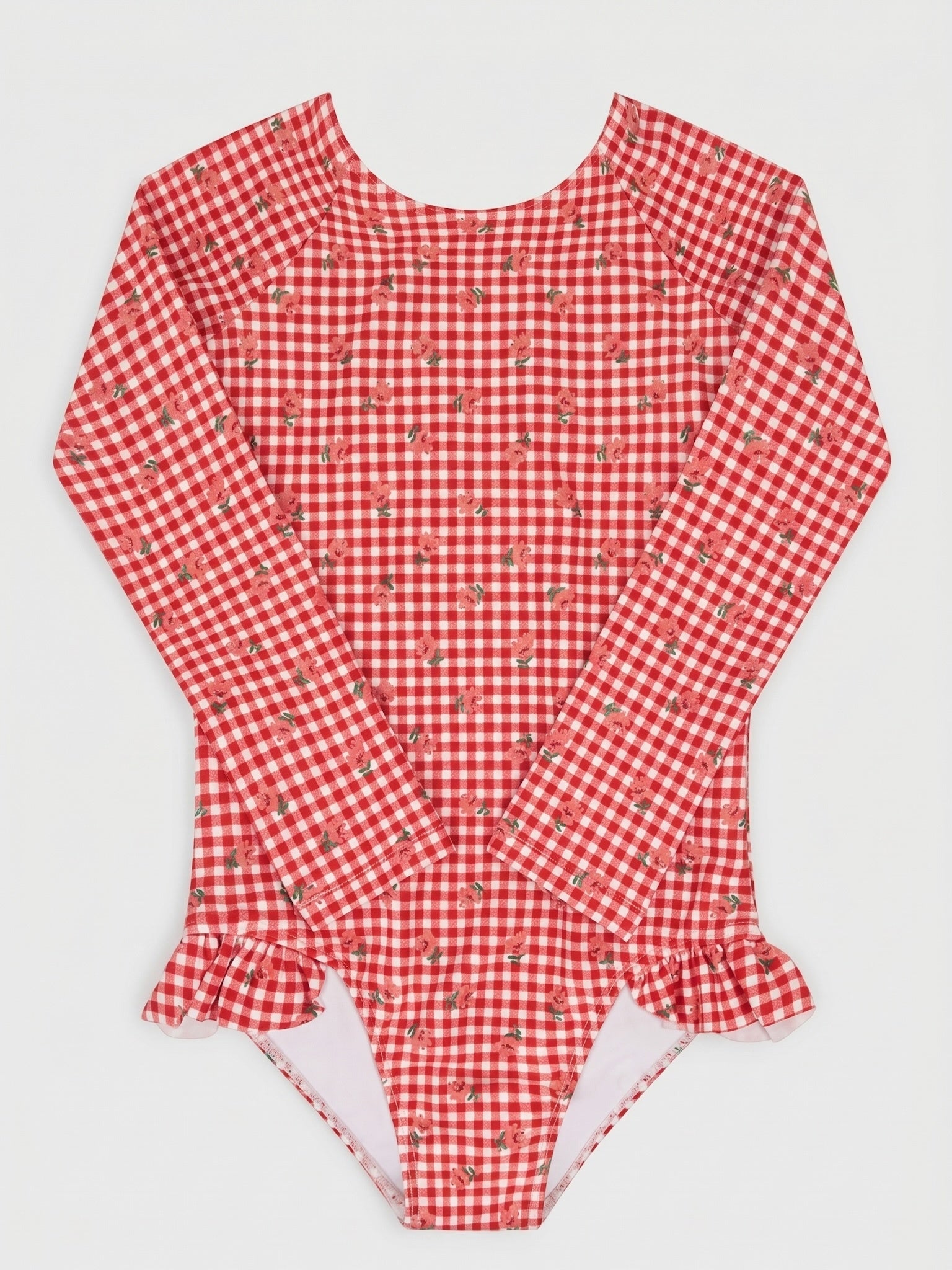 Minnow Girls' Cranberry Gingham Rash Guard One-Piece Swimsuit - Saint Bernard