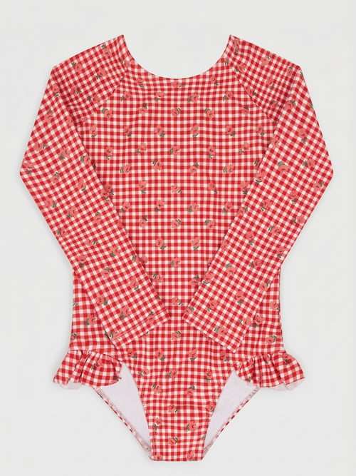 Minnow Girls' Cranberry Gingham Rash Guard One-Piece Swimsuit