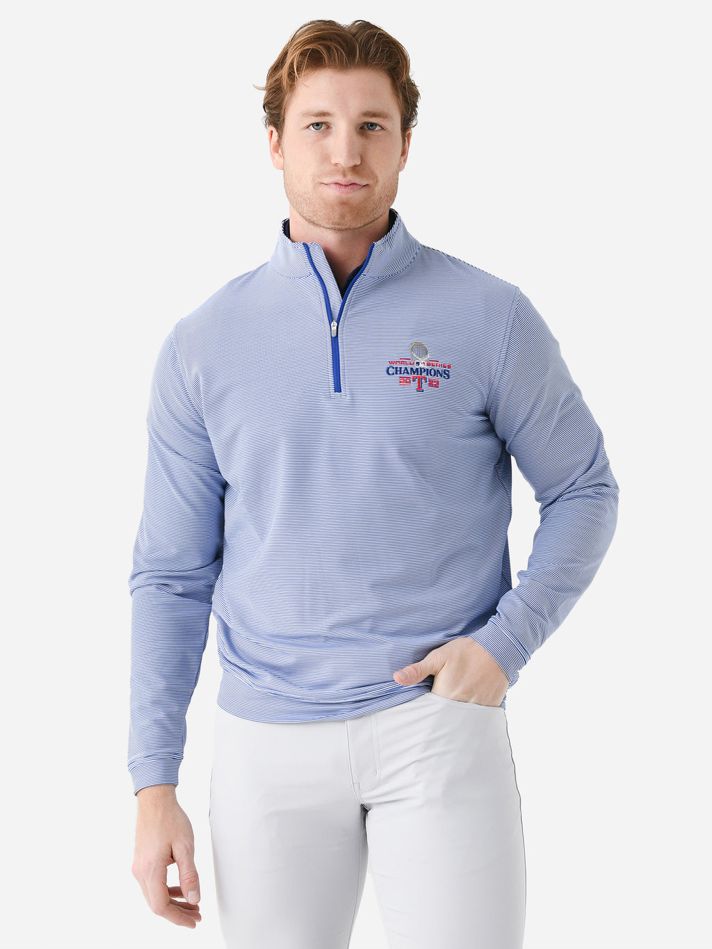 Peter Millar Major League Baseball Men's Texas Rangers World Series Perth Mini Stripe Performance Quarter-Zip - Saint Bernard