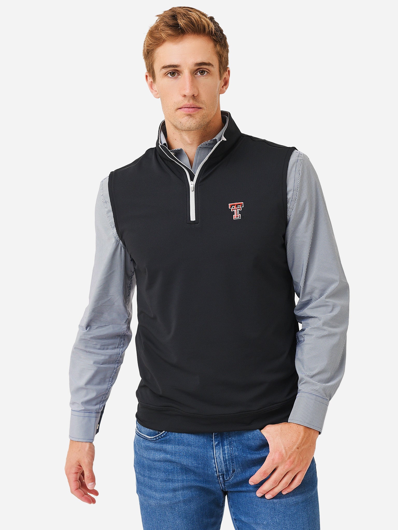 Peter Millar Collegiate Men's Galway Stretch Loop Terry Quarter-Zip Vest - Saint Bernard