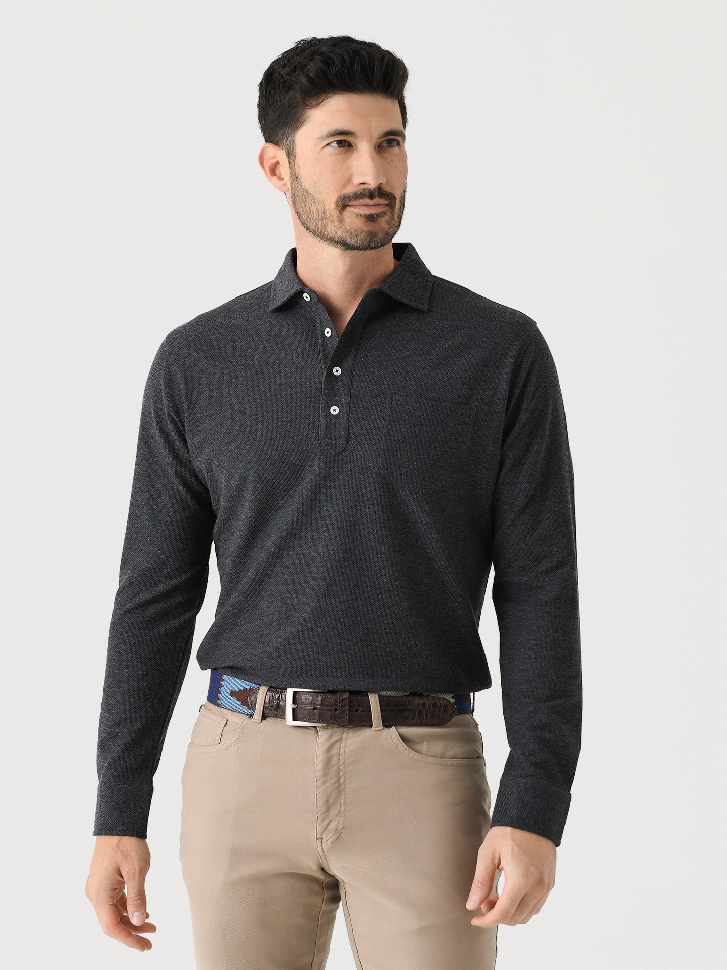 Peter Millar Crown Crafted Men's Ramble Long-Sleeve Cotton Cashmere Polo - Saint Bernard
