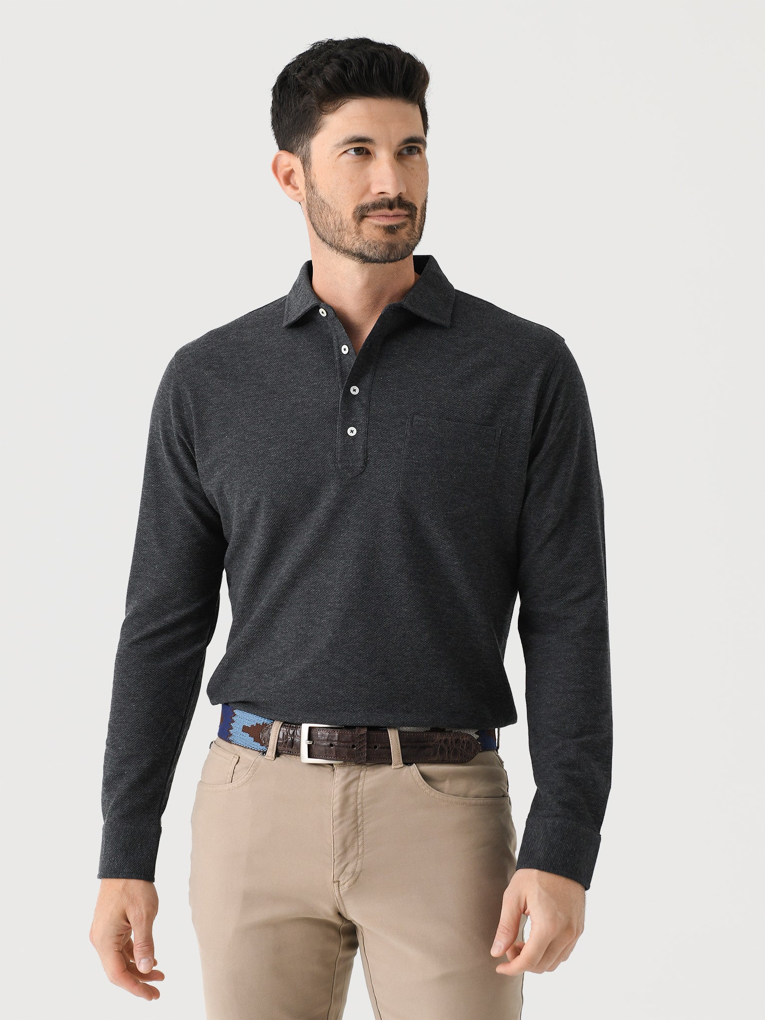 Peter Millar Crown Crafted Men's Ramble Long-Sleeve Cotton Cashmere Polo - Saint Bernard