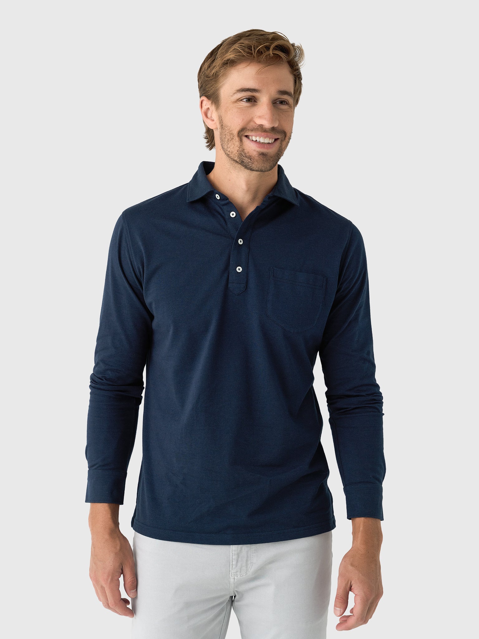 Peter Millar Crown Crafted Men's Amble Long-Sleeve Cotton Cashmere Polo - Saint Bernard