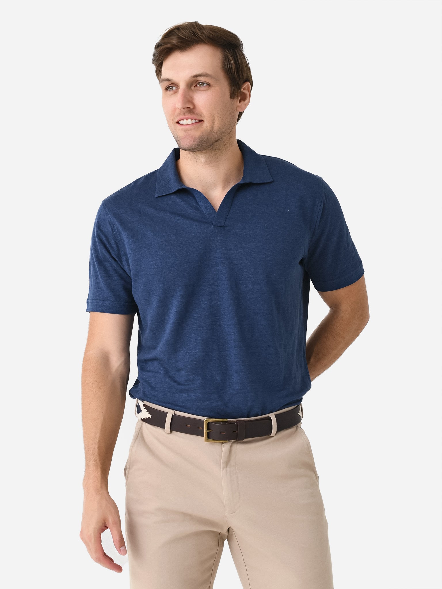 Peter Millar Crown Crafted Men's Coastline Short Sleeve Linen Riviera Collar Polo - Saint Bernard