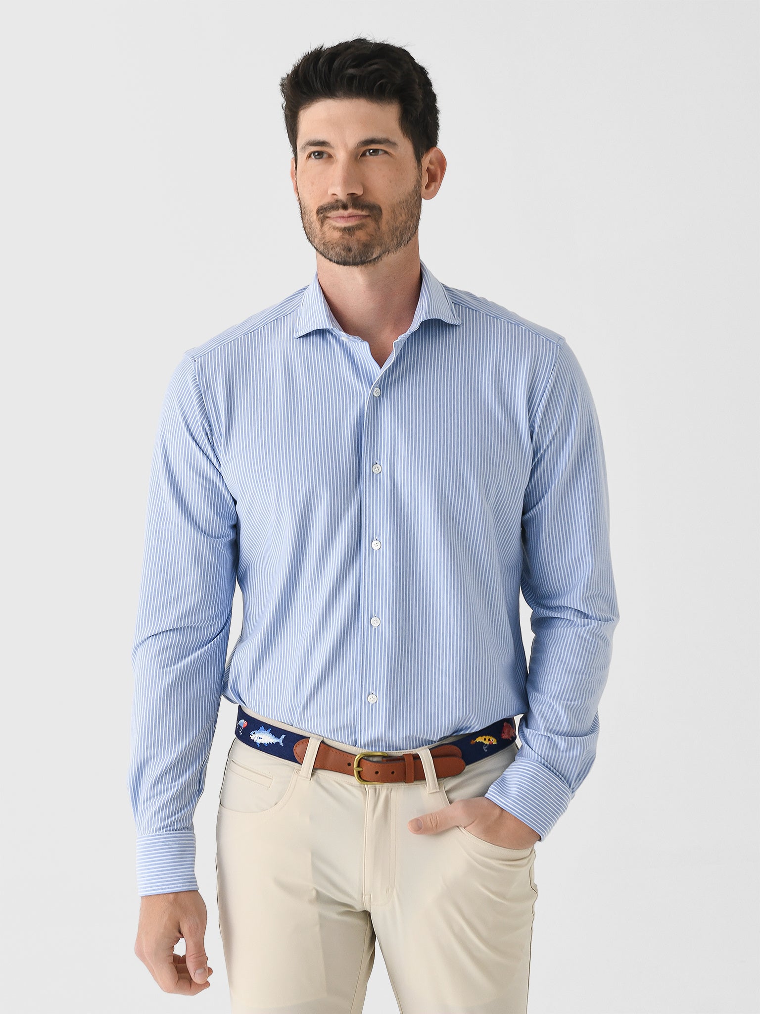 Peter Millar Crown Crafted Men's Excursionist Flex Thin Stripe Sport Shirt - Saint Bernard
