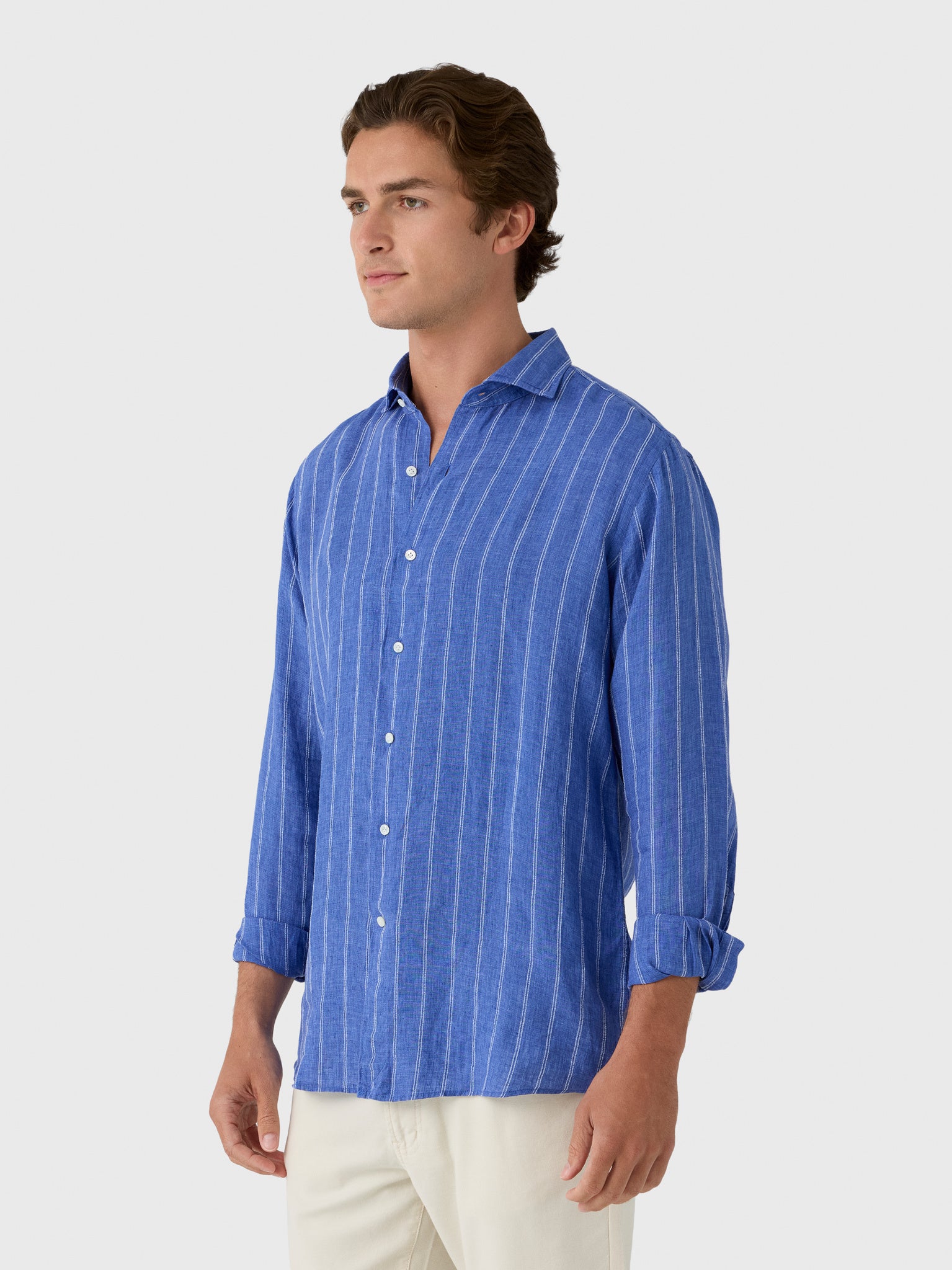 Peter Millar Crown Crafted Men's Astino Lino Pencil Stripe Sport Shirt - Saint Bernard