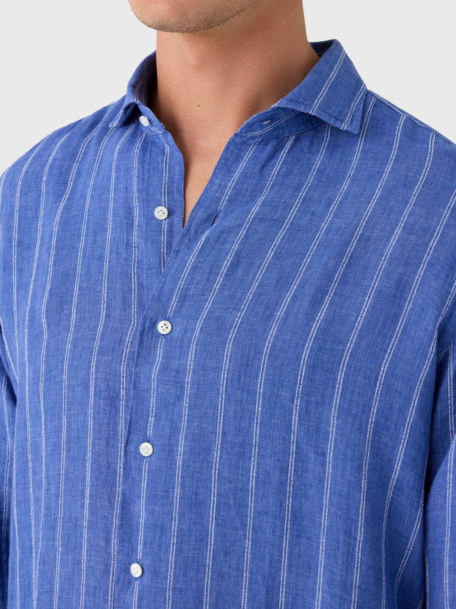 Peter Millar Crown Crafted Men's Astino Lino Pencil Stripe Sport Shirt - Saint Bernard