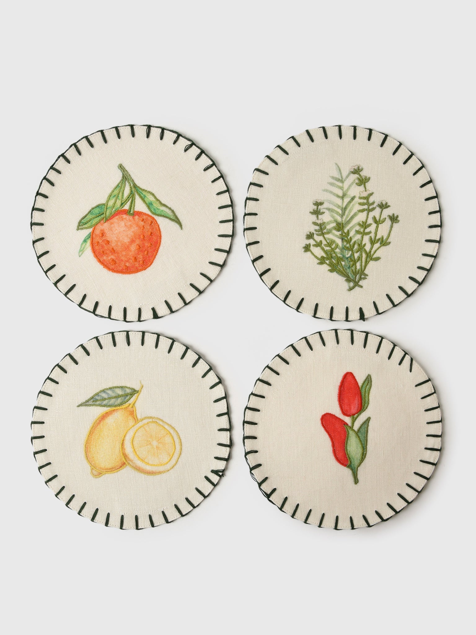 Misette Still Life Embroidered Linen Coaster Set - Saint Bernard