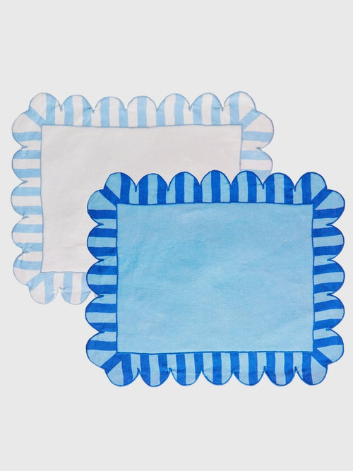 Misette Jardin Embroidered Linen Scalloped Stripe Double-Sided Placemat Set