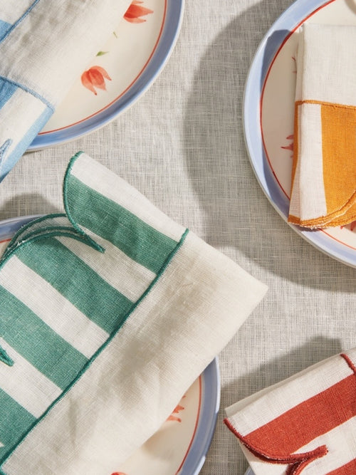 Misette Jardin Embroidered Linen Scalloped Stripe Napkin Set