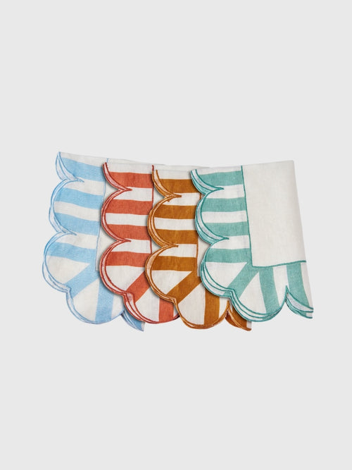 Misette Jardin Embroidered Linen Scalloped Stripe Napkin Set