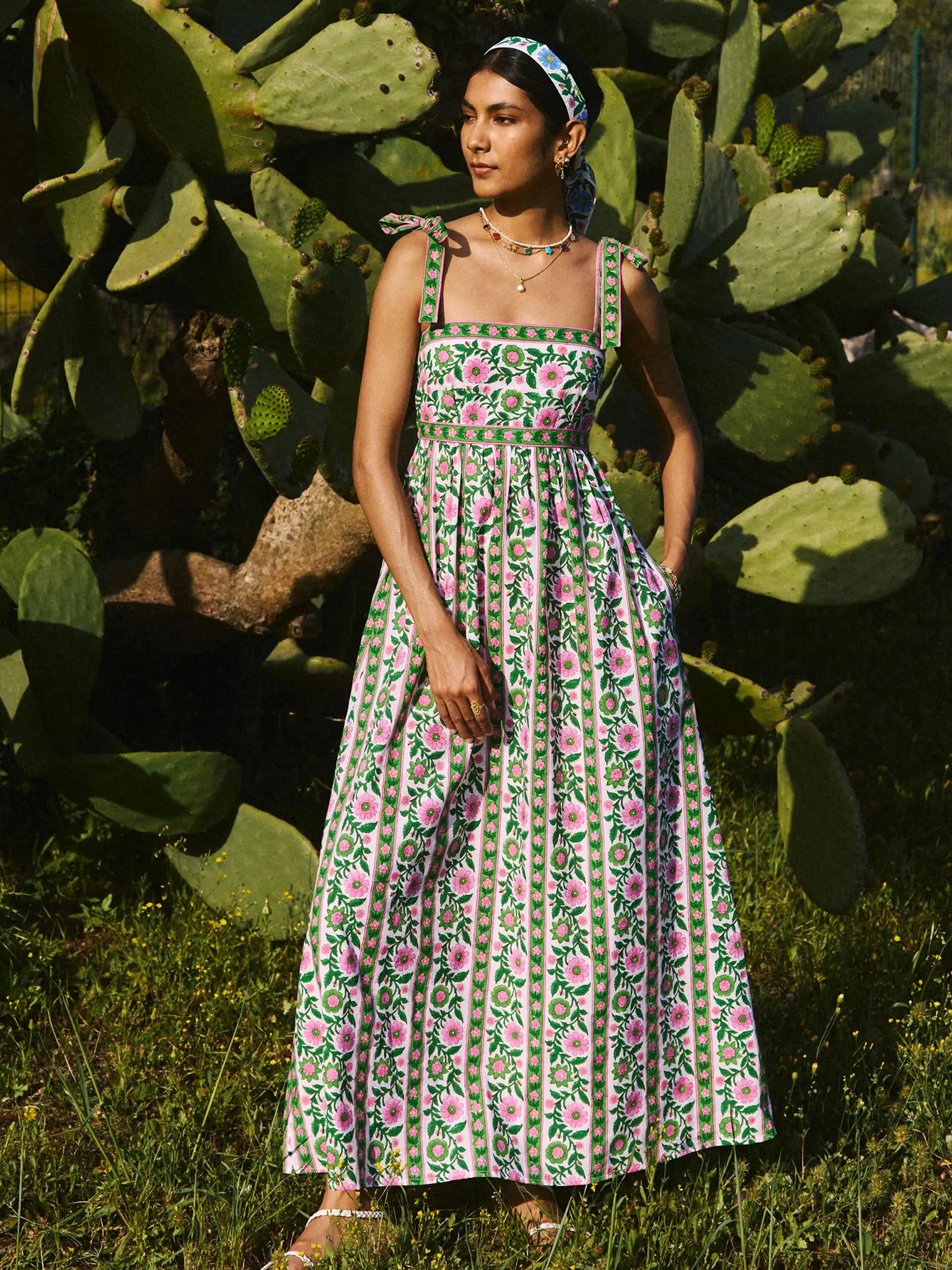 pink city prints green dress GEMMA DRESS