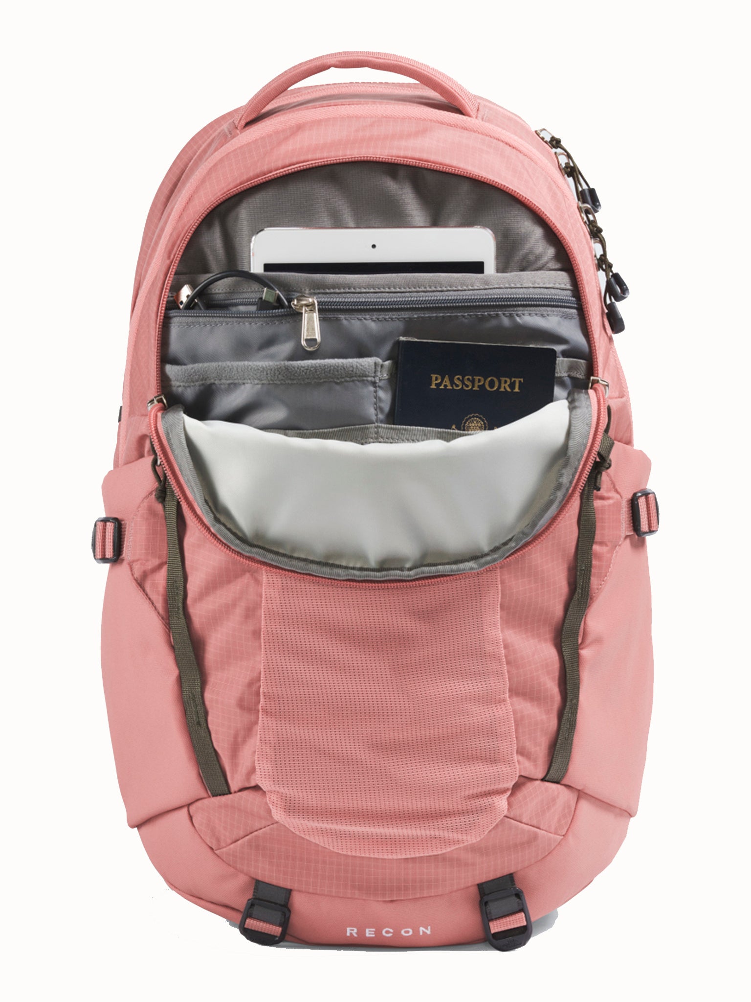 inside of north face backpack Jester in Mid Grey Heather by The Mid Grey Heather This pack is just as comfortable in the hallways as is during travel thanks to the FlexVent suspension Women's Jester Luxe Backpack -