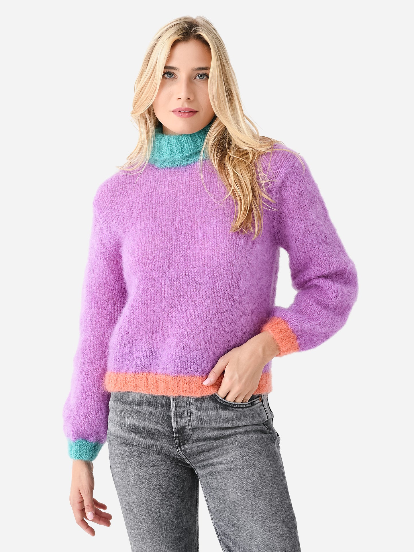 Rose Carmine Women's High Neck Colorblock Sweater