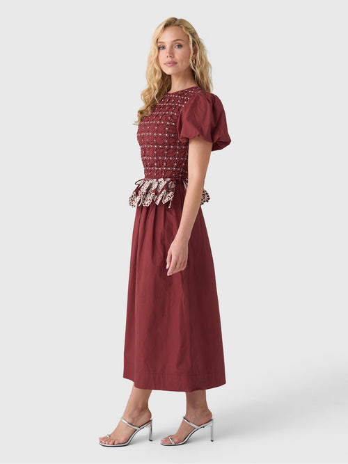 damson madder burgundy dress Damson Madder - Audrey Midi Dress - Burg/Butter Stitching