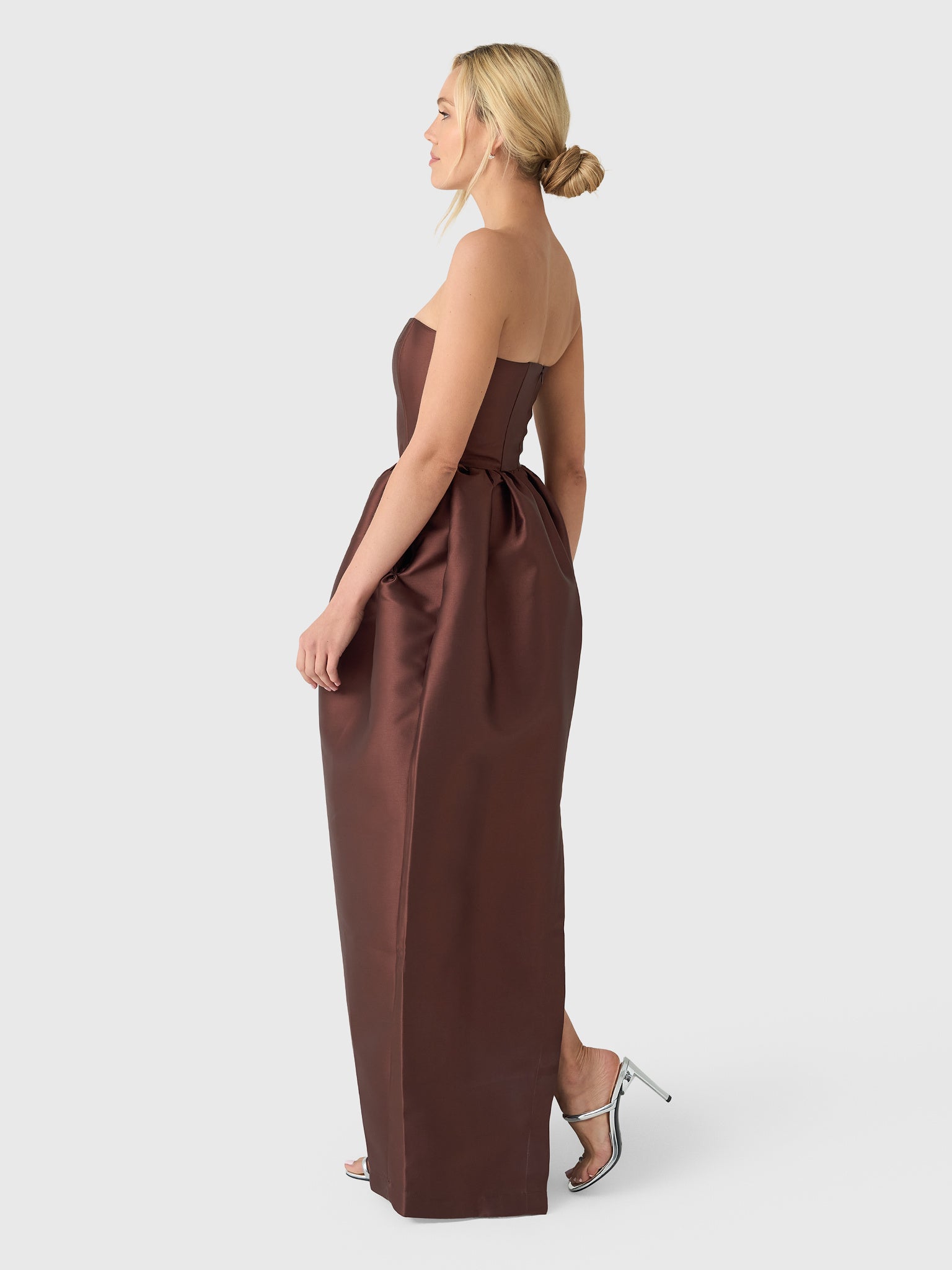 brown silk strapless dress Peyton Strapless Satin Maxi Dress
