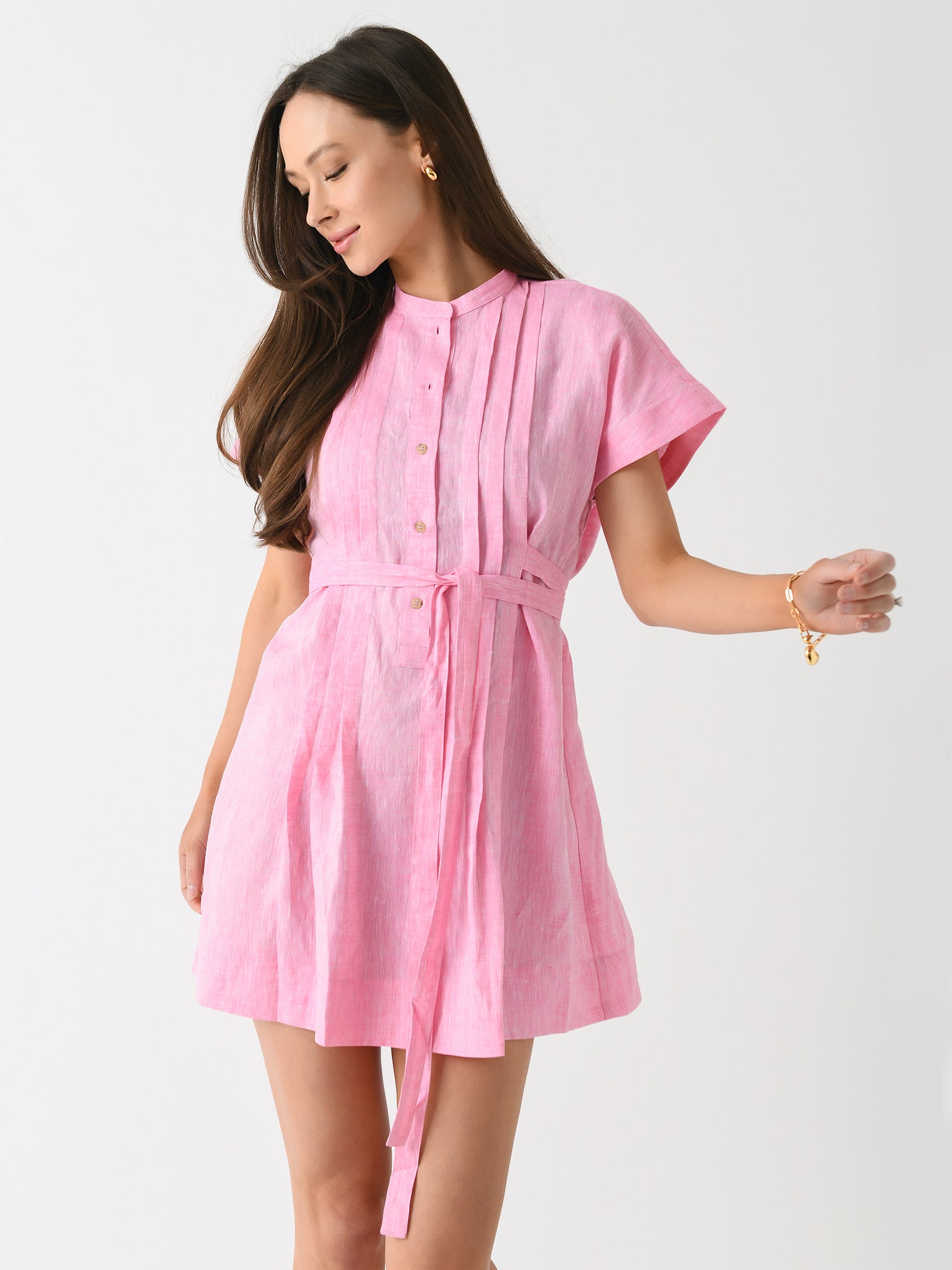 Bondi Born Women's Leiden Pleat Front Mini Dress, Pink, Linen | Size: XL | St. Bernard Bondi Born Women's Leiden Pleat Front Mini Dress, Pink, Linen | Size: XL | St. Bernard