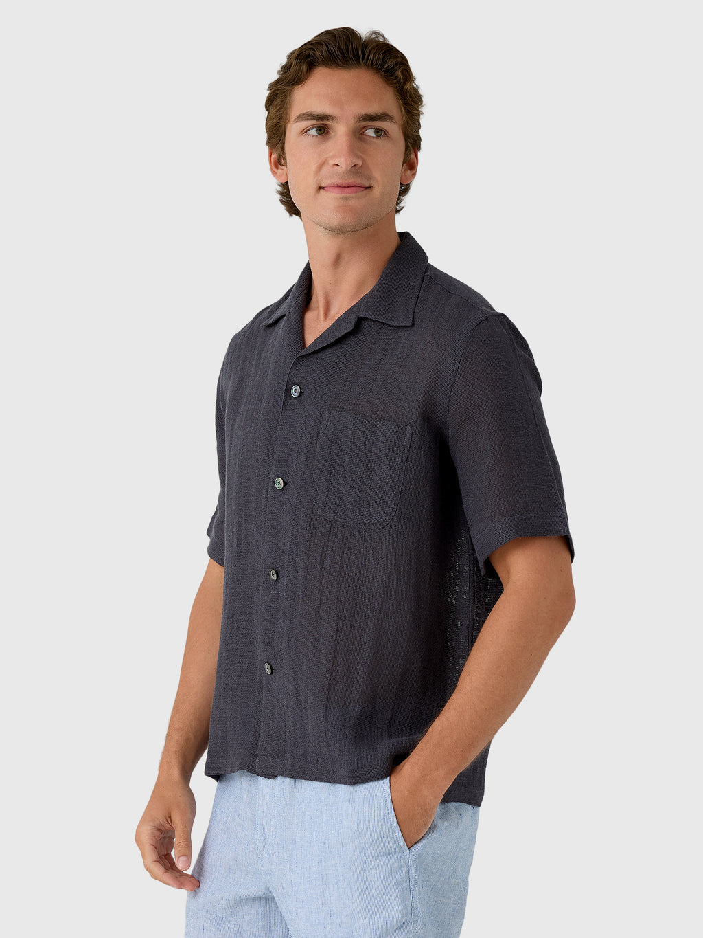 Salvatore Piccolo Men's Short Sleeve Linen-Cotton Shirt - Saint Bernard