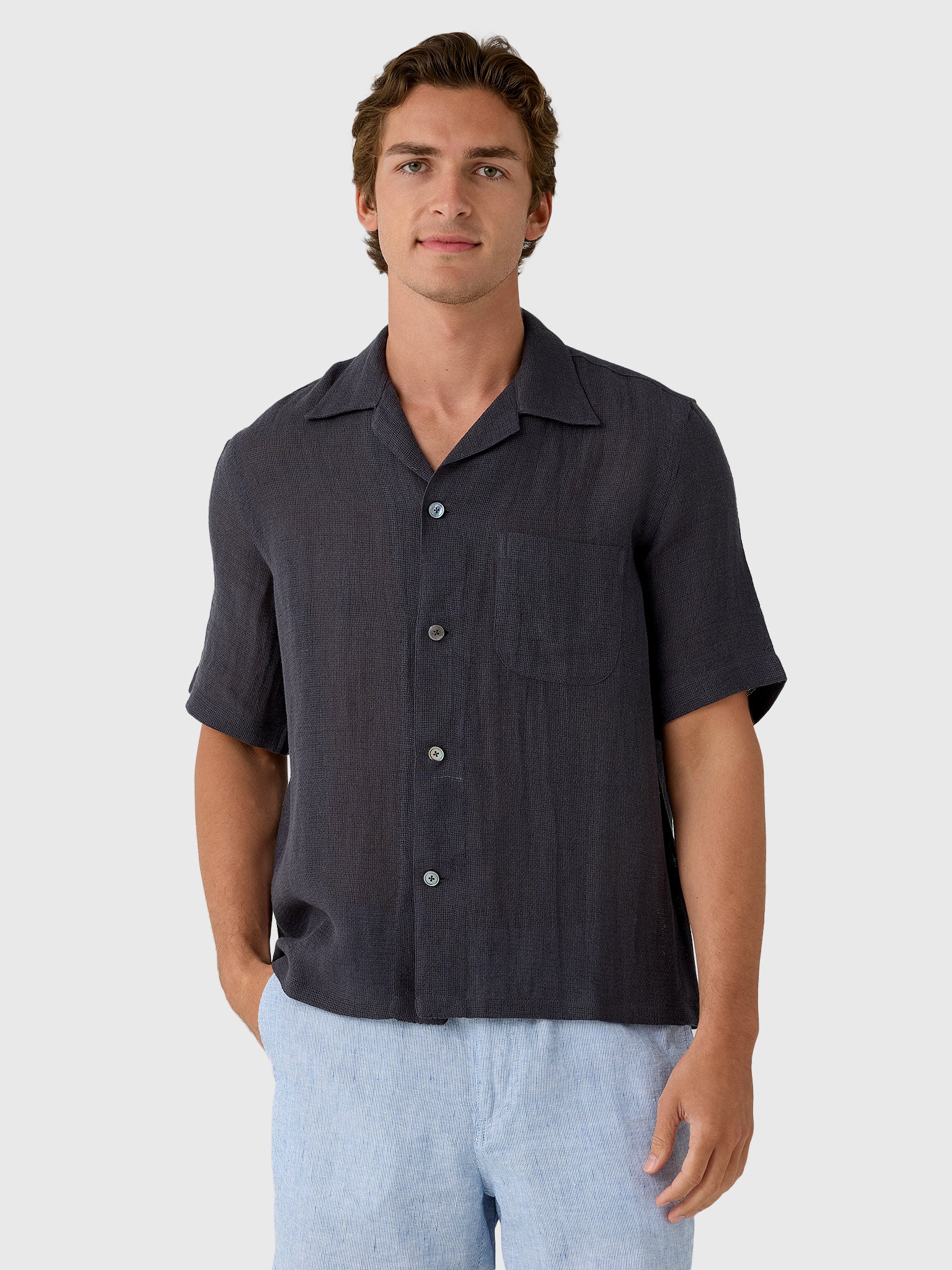 Salvatore Piccolo Men's Short Sleeve Linen-Cotton Shirt - Saint Bernard