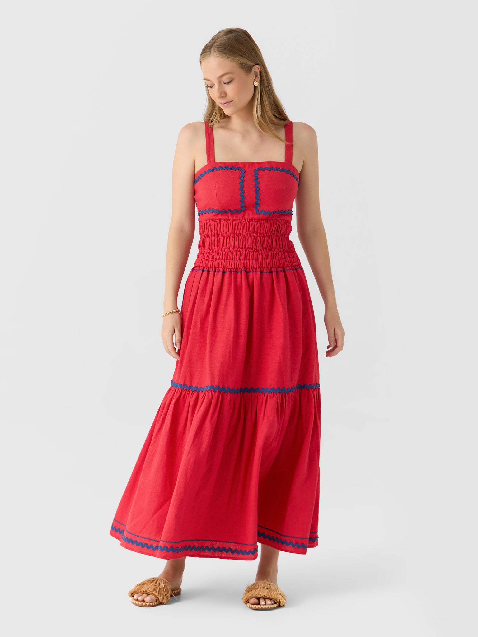 Eche Women's Ric Rac Dress, Red/Navy, Cotton/Linen | Size: Medium