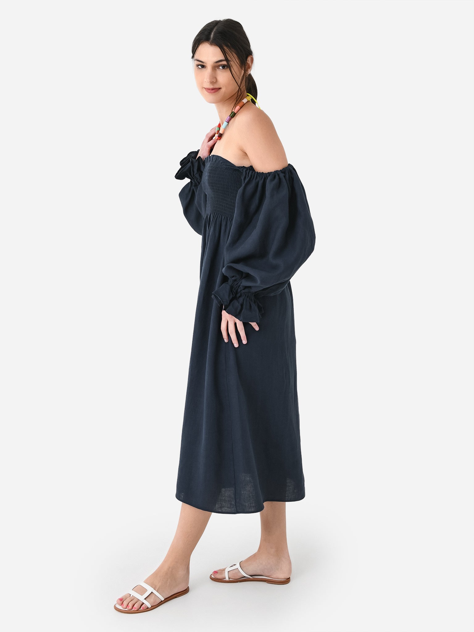 sleeper black linen dress Sleeper Atlanta Linen Midi Dress
