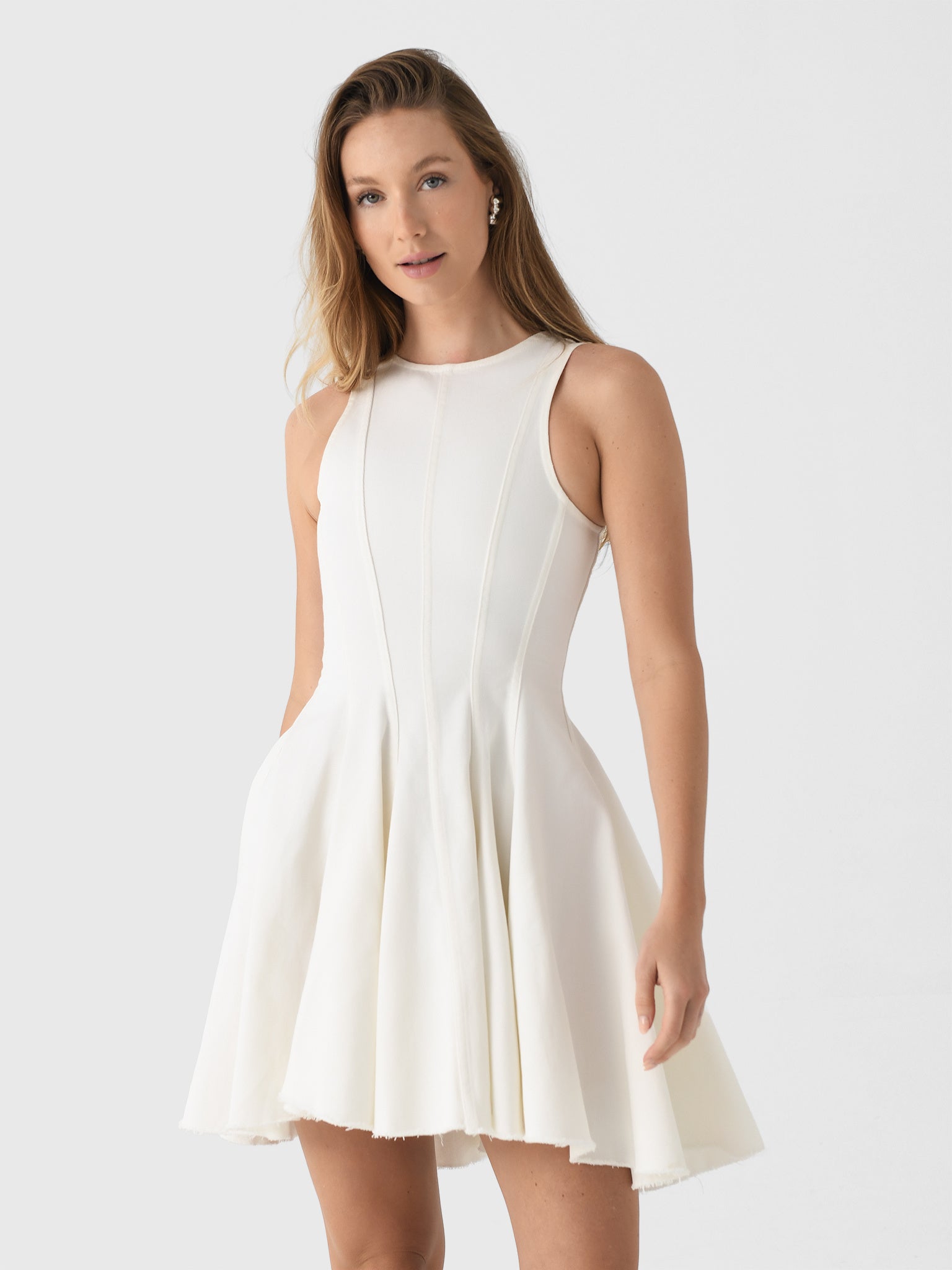 White Denim Racer Shape Flounce MINI Dress