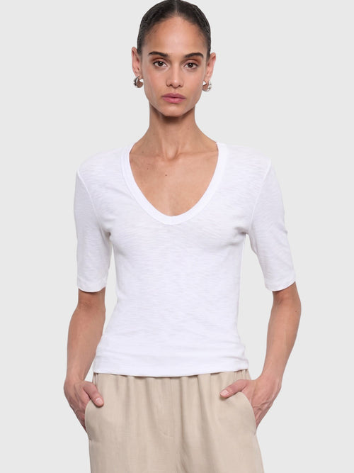 Enza Costa Women's Textured Knit Half Sleeve U-Neck Tee