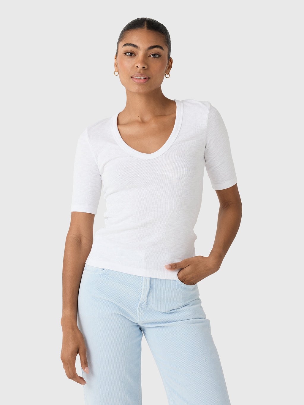 Enza Costa Women's Textured Knit Half Sleeve U-Neck Tee - Saint Bernard