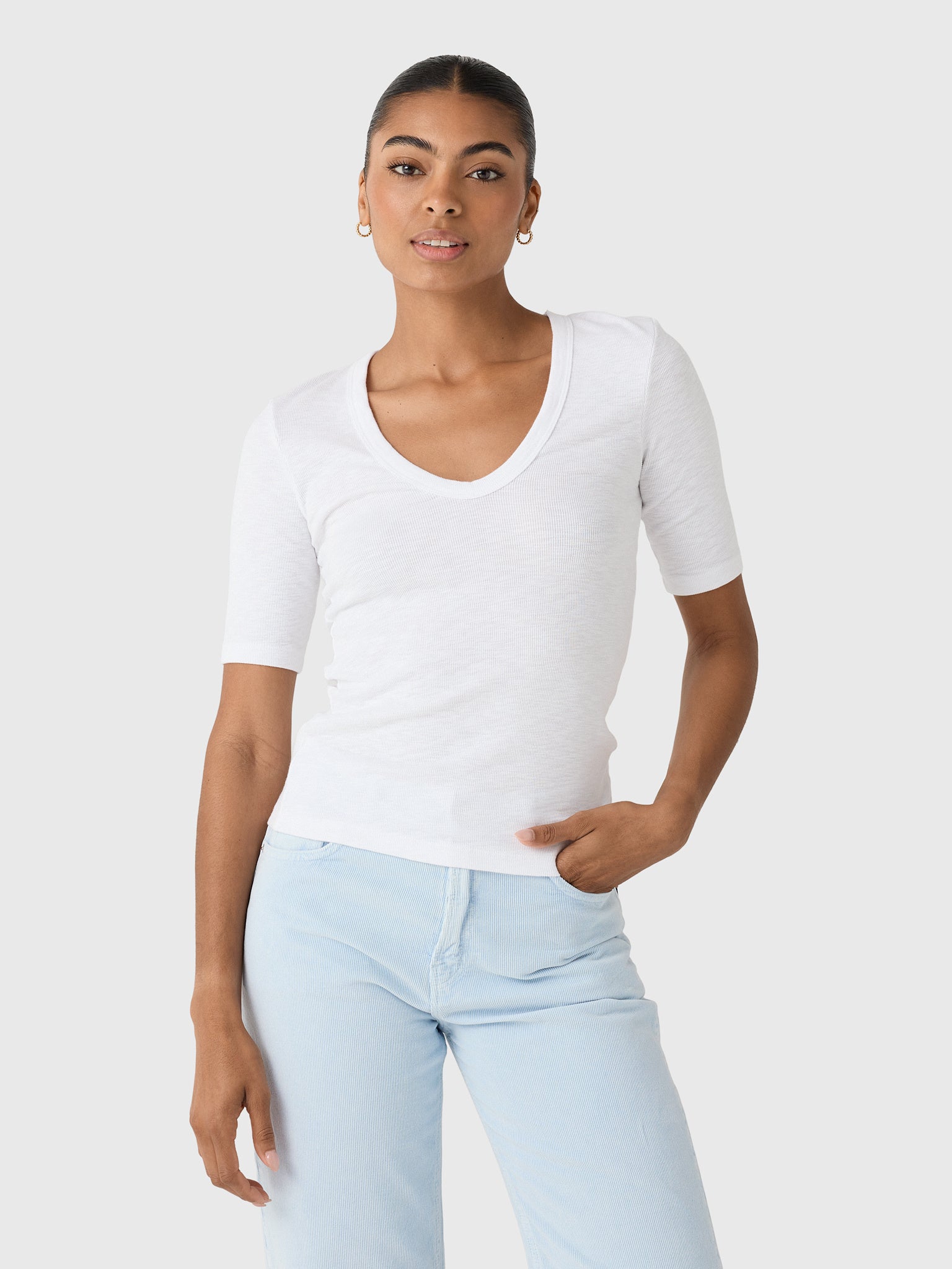 Enza Costa Women's Textured Knit Half Sleeve U-Neck Tee - Saint Bernard