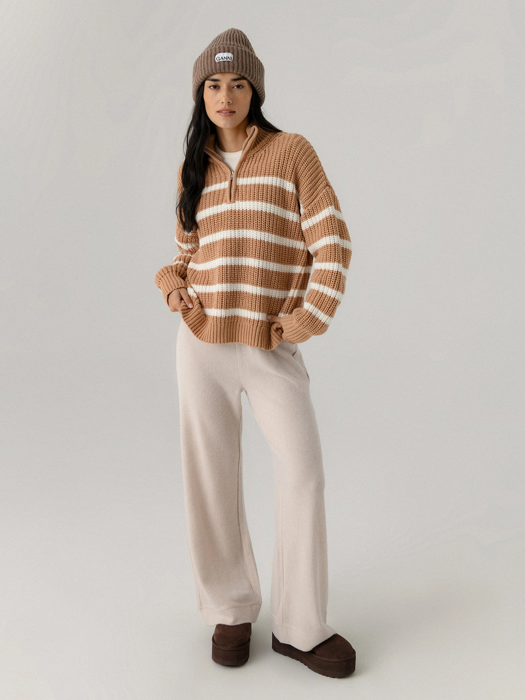 LENÚ Women's Striped Quarter-Zip Sweater - Saint Bernard