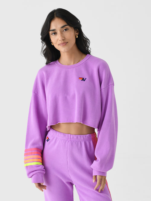 Aviator Nation Women's Rugby Stitch Cropped Crew Relaxed Sweatshirt