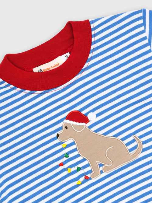 Luigi Boys' Santa Hat Dog Holding Lights Stripe Long Sleeve Tee - Saint Bernard