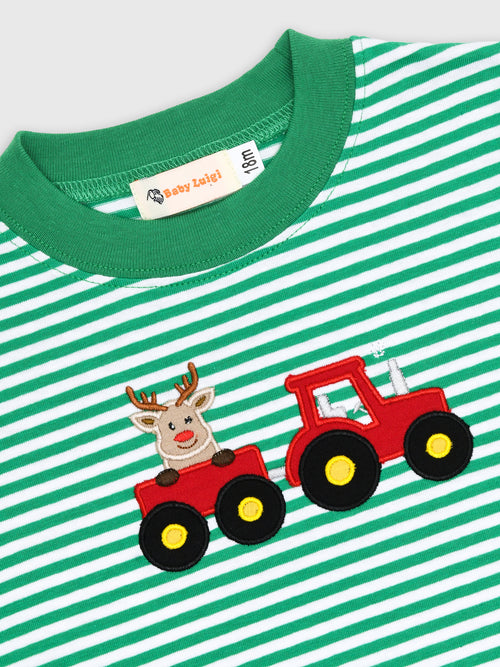 Luigi Boys' Tractor & Reindeer In Wagon Stripe Long Sleeve Tee - Saint Bernard