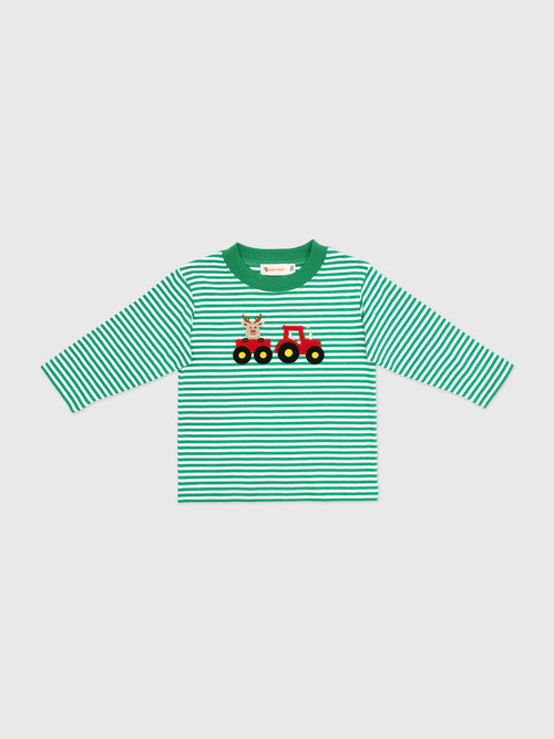 Luigi Boys' Tractor & Reindeer In Wagon Stripe Long Sleeve Tee - Saint Bernard